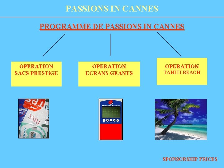 PASSIONS IN CANNES PROGRAMME DE PASSIONS IN CANNES OPERATION SACS PRESTi. GE OPERATION ECRANS