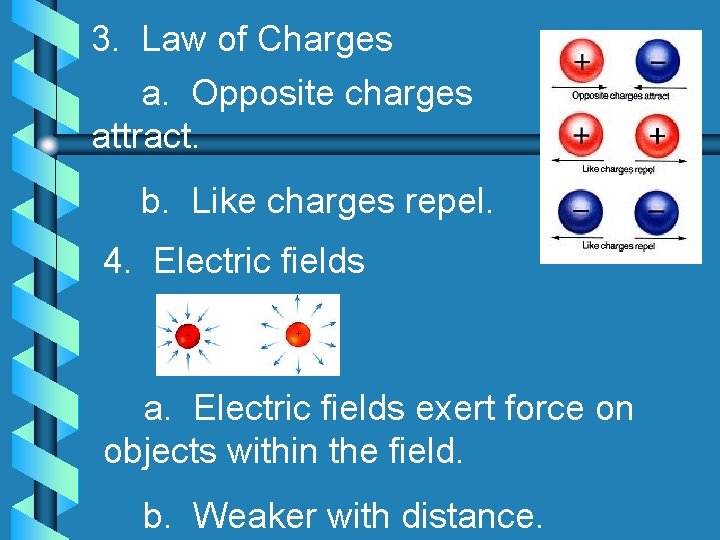 3. Law of Charges a. Opposite charges attract. b. Like charges repel. 4. Electric