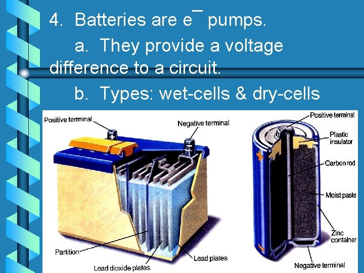 4. Batteries are e¯ pumps. a. They provide a voltage difference to a circuit.