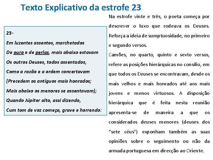 Texto Explicativo da estrofe 23 Na estrofe vinte e três, o poeta começa por