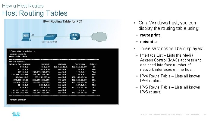 How a Host Routes Host Routing Tables • On a Windows host, you can