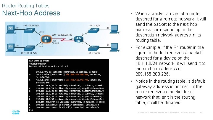 Router Routing Tables Next-Hop Address • When a packet arrives at a router destined