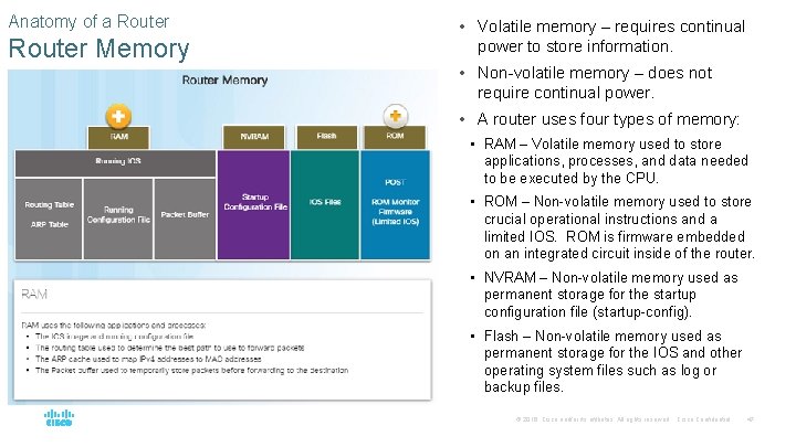 Anatomy of a Router Memory • Volatile memory – requires continual power to store