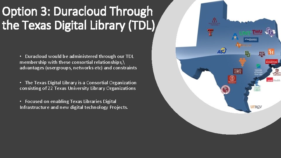 Option 3: Duracloud Through the Texas Digital Library (TDL) • Duracloud would be administered