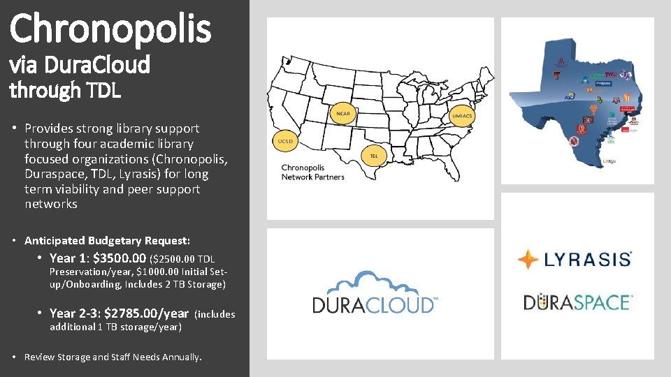 Chronopolis via Dura. Cloud through TDL • Provides strong library support through four academic