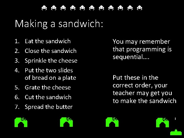 Making a sandwich: 1. 2. 3. 4. Eat the sandwich Close the sandwich Sprinkle