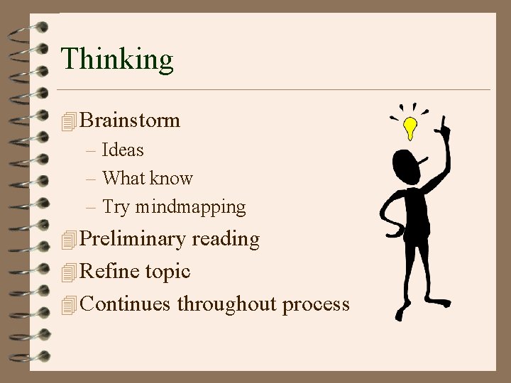 Thinking 4 Brainstorm – Ideas – What know – Try mindmapping 4 Preliminary reading