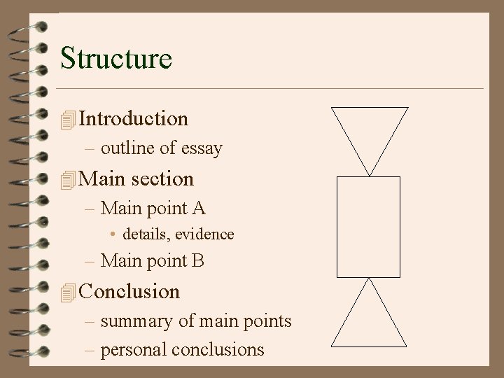 Structure 4 Introduction – outline of essay 4 Main section – Main point A