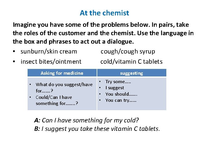 At the chemist Imagine you have some of the problems below. In pairs, take