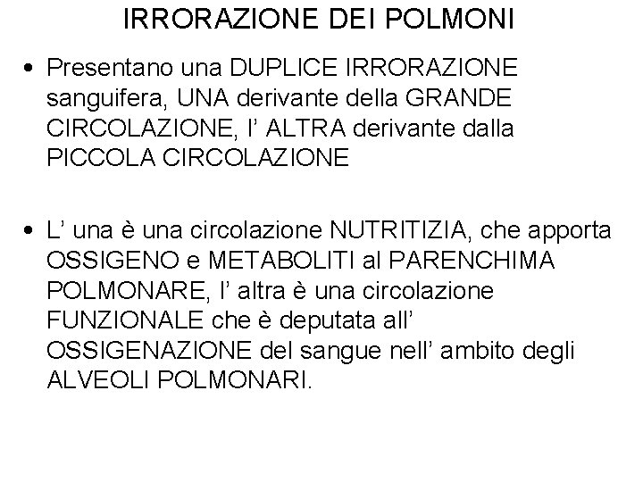 IRRORAZIONE DEI POLMONI • Presentano una DUPLICE IRRORAZIONE sanguifera, UNA derivante della GRANDE CIRCOLAZIONE,