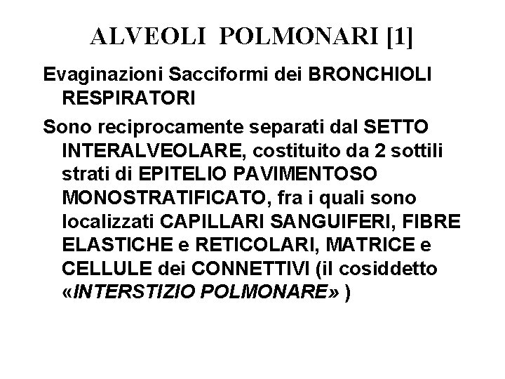 ALVEOLI POLMONARI [1] Evaginazioni Sacciformi dei BRONCHIOLI RESPIRATORI Sono reciprocamente separati dal SETTO INTERALVEOLARE,