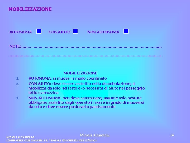 MOBILIZZAZIONE AUTONOMA CON AIUTO NON AUTONOMA NOTE: …………………………………………………………………………………………………………… 1. 2. 3. MOBILIZZAZIONE AUTONOMA: AUTONOMA