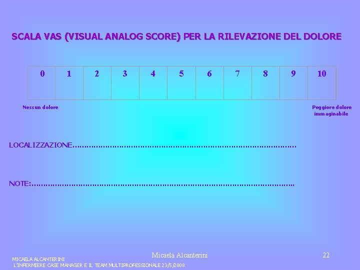 SCALA VAS (VISUAL ANALOG SCORE) PER LA RILEVAZIONE DEL DOLORE 0 1 2 3