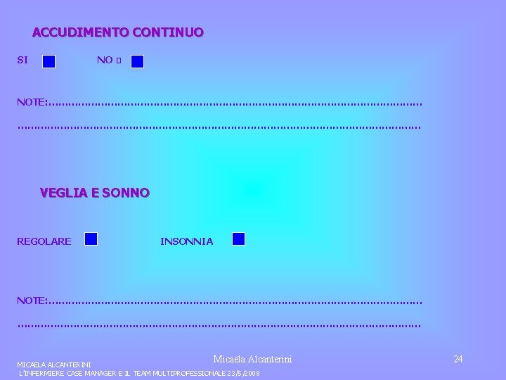 ACCUDIMENTO CONTINUO SI NO � NOTE: …………………………………………………………………………………………………………… VEGLIA E SONNO REGOLARE INSONNIA NOTE: ……………………………………………………………………………………………………………