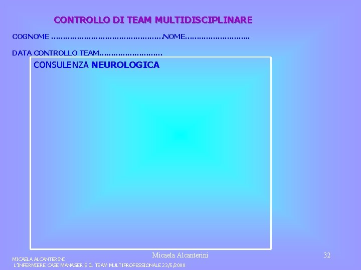 CONTROLLO DI TEAM MULTIDISCIPLINARE COGNOME ……………………NOME……. . ………………. . DATA CONTROLLO TEAM…………… CONSULENZA NEUROLOGICA