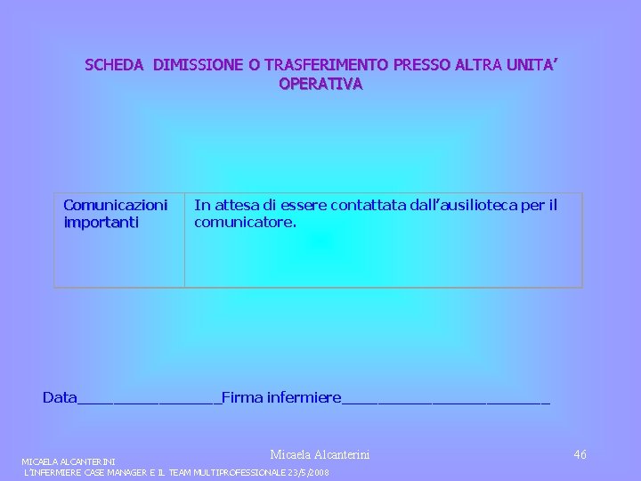 SCHEDA DIMISSIONE O TRASFERIMENTO PRESSO ALTRA UNITA’ OPERATIVA Comunicazioni importanti In attesa di essere