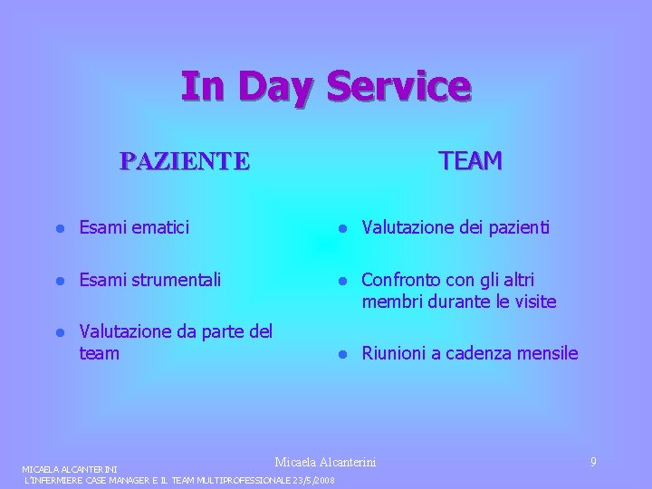 In Day Service TEAM PAZIENTE l Esami ematici l Valutazione dei pazienti l Esami