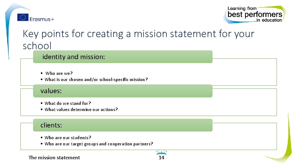 Key points for creating a mission statement for your school identity and mission: •