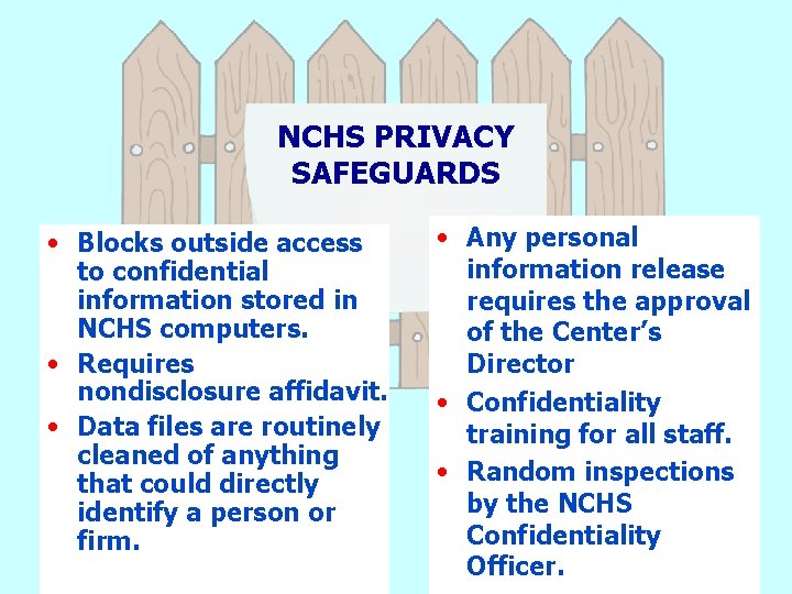 NCHS PRIVACY SAFEGUARDS • Blocks outside access to confidential information stored in NCHS computers.