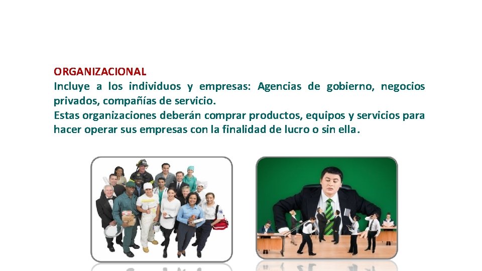 ORGANIZACIONAL Incluye a los individuos y empresas: Agencias de gobierno, negocios privados, compañías de ORGANIZACIONAL Incluye a los individuos y empresas: Agencias de gobierno, negocios privados, compañías de