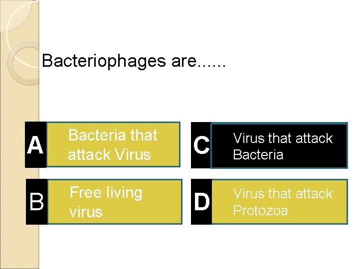 Bacteriophages are. . . A Bacteria that attack Virus B Free living virus C