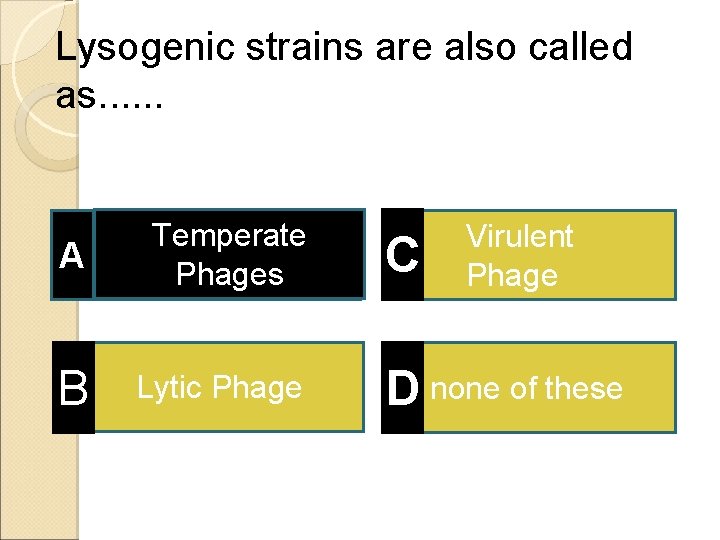 Lysogenic strains are also called as. . . A Temperate Phages B Lytic Phage