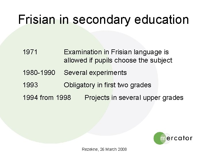 Frisian in secondary education 1971 Examination in Frisian language is allowed if pupils choose