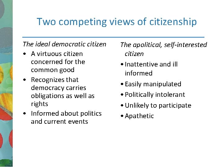 Two competing views of citizenship The ideal democratic citizen • A virtuous citizen concerned