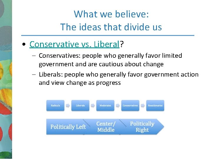 What we believe: The ideas that divide us • Conservative vs. Liberal? – Conservatives: