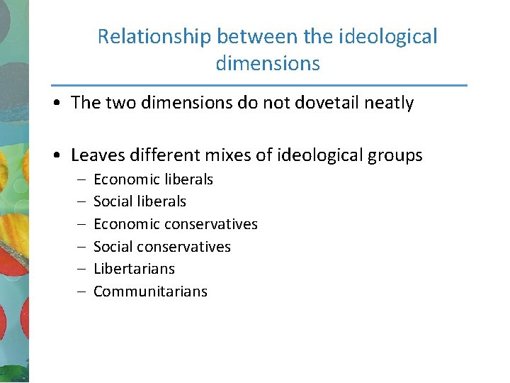 Relationship between the ideological dimensions • The two dimensions do not dovetail neatly •