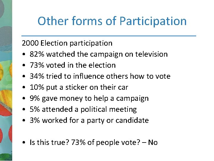 Other forms of Participation 2000 Election participation • 82% watched the campaign on television