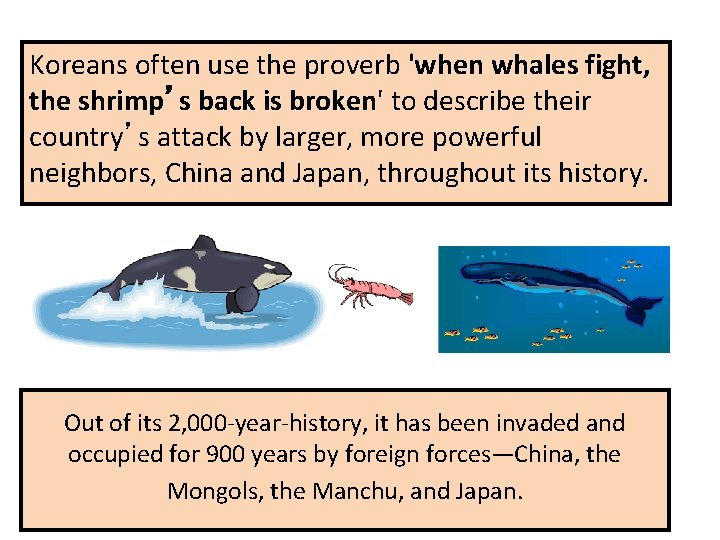 Koreans often use the proverb 'when whales fight, the shrimp’s back is broken' broken