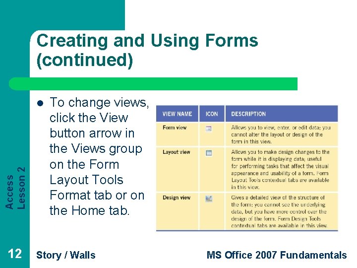 Creating and Using Forms (continued) Access Lesson 2 l 12 To change views, click Creating and Using Forms (continued) Access Lesson 2 l 12 To change views, click