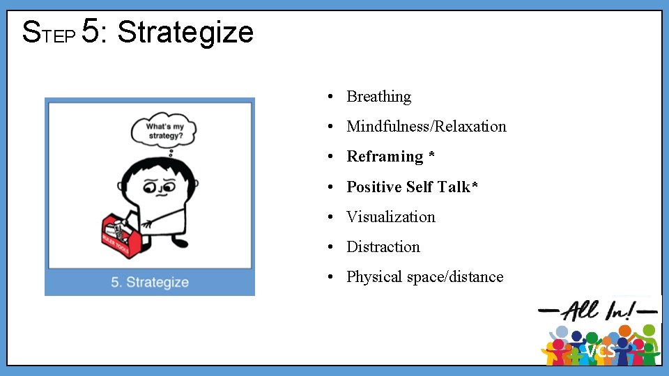 STEP 5: Strategize • Breathing • Mindfulness/Relaxation • Reframing * • Positive Self Talk* STEP 5: Strategize • Breathing • Mindfulness/Relaxation • Reframing * • Positive Self Talk*