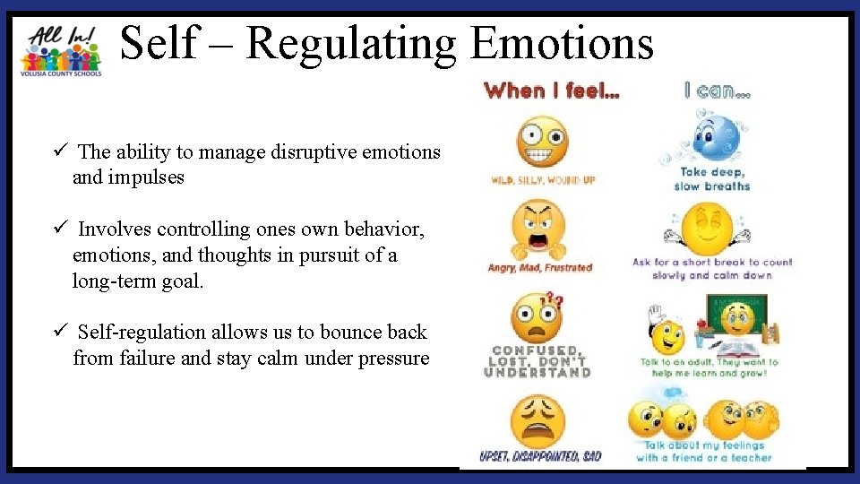Self – Regulating Emotions ü The ability to manage disruptive emotions and impulses ü Self – Regulating Emotions ü The ability to manage disruptive emotions and impulses ü