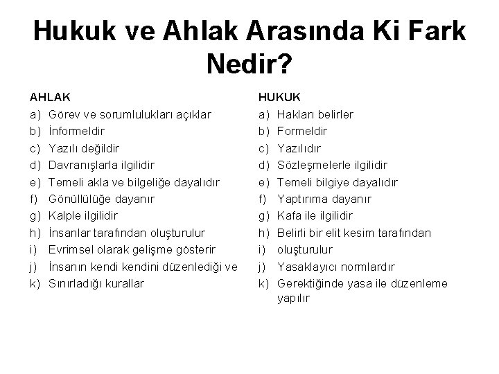 Hukuk ve Ahlak Arasında Ki Fark Nedir? AHLAK a) Görev ve sorumlulukları açıklar b)