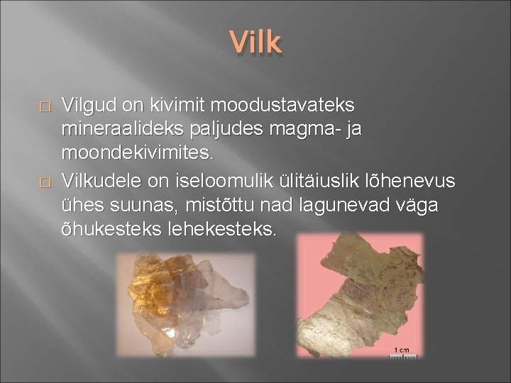 Vilk � � Vilgud on kivimit moodustavateks mineraalideks paljudes magma- ja moondekivimites. Vilkudele on