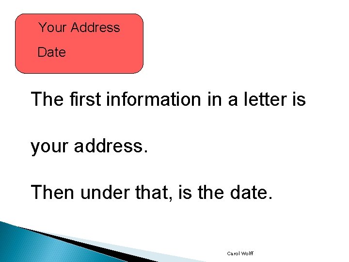 Your Address Date The first information in a letter is your address. Then under