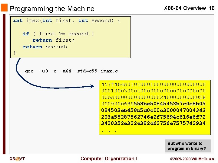 Programming the Machine X 86 -64 Overview 16 int imax(int first, int second) {