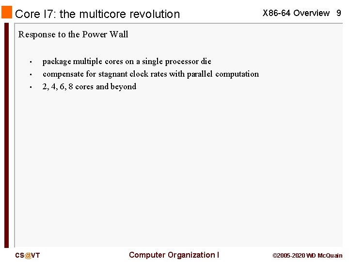 Core I 7: the multicore revolution X 86 -64 Overview 9 Response to the