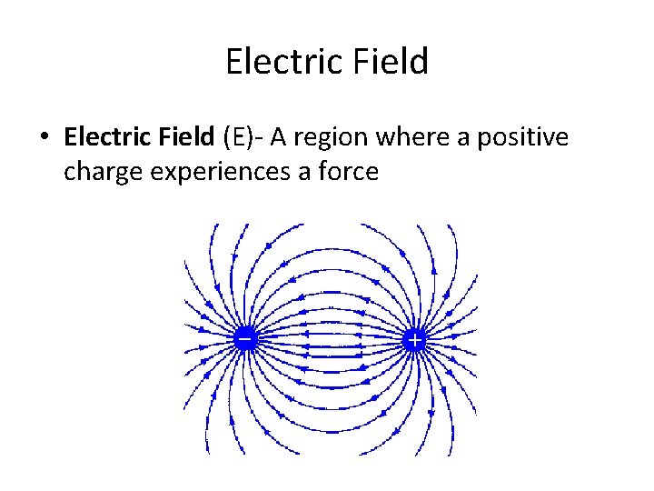 Electric Field • Electric Field (E)- A region where a positive charge experiences a