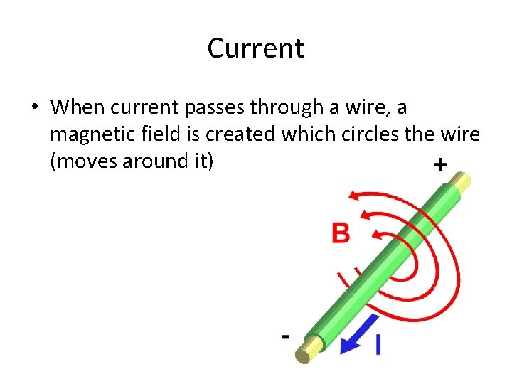 Current • When current passes through a wire, a magnetic field is created which