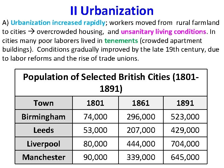 II Urbanization A) Urbanization increased rapidly; workers moved from rural farmland to cities overcrowded