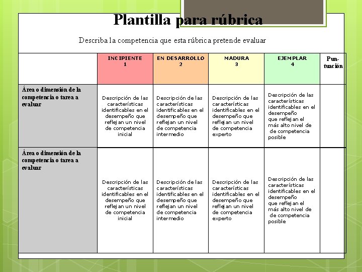 Plantilla para rúbrica Describa la competencia que esta rúbrica pretende evaluar Área o dimensión