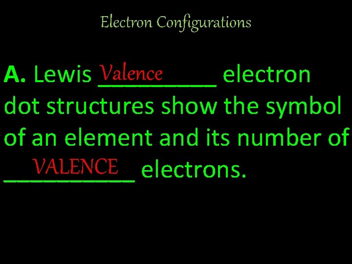 Electron Configurations Valence A. Lewis _____ electron dot structures show the symbol of an