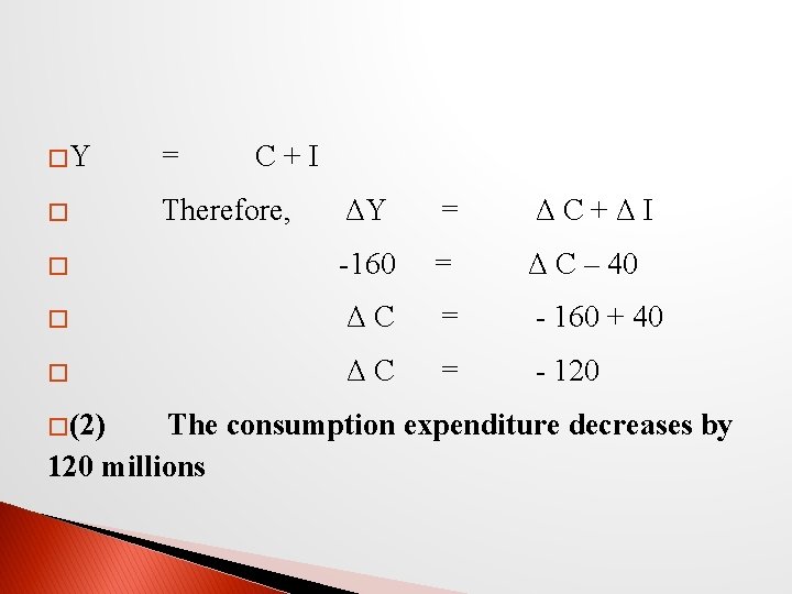 �Y = C+I � Therefore, ΔY = ΔC+ΔI � -160 = Δ C –