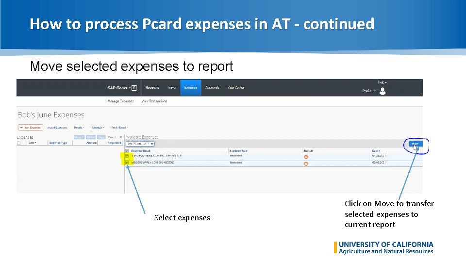 How to process Pcard expenses in AT - continued Move selected expenses to report