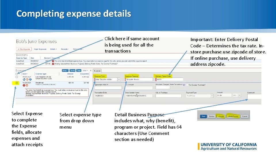 Completing expense details Click here if same account is being used for all the