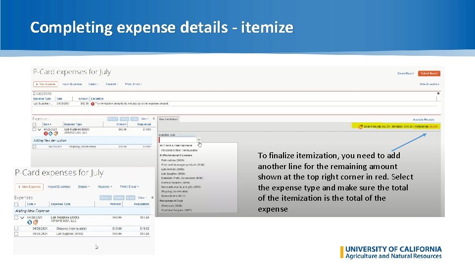 Completing expense details - itemize To finalize itemization, you need to add another line