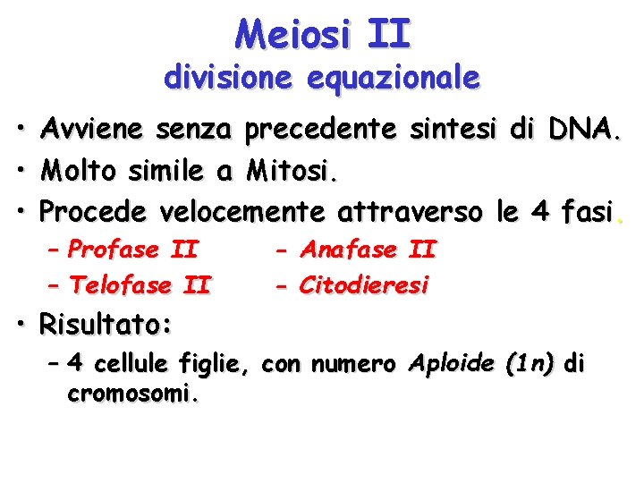 Meiosi II divisione equazionale • • • Avviene senza precedente sintesi di DNA. Molto